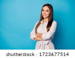 Small photo of Photo of pretty attractive lady arms crossed calm self-confident chief long groomed hairdo white teeth smile wear striped casual summer spring dress isolated blue color background