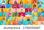 Small photo of Photo collage of group video call funky cheerful excited astonished surprised people youngsters children bloggers having fun bright facial expressions isolated over multicolored background