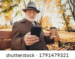 Small photo of Photo positive modern old man pensioner enjoy autumn forest break pause rest park use smartphone typing email sit bench drink hold takeout coffee mug wear coat jacket hat cap headwear