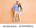 Full size photo of optimistic nice couple stand look empty space wear sweater isolated on beige color background