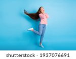 Full length body size photo funky girl looking blank space dreamy wearing stylish outfit isolated bright blue color background