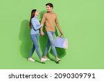 Small photo of Photo of lovely shopaholic couple carry bargains enjoy store retail wear casual outfit isolated green color background