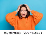 Small photo of Portrait of attractive overwhelmed desperate girl bad news reaction fail isolated over bright blue color background
