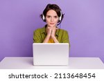 Small photo of Photo of young woman confident consultant coworking agent headphone speaker isolated over violet color background