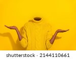 Conceptual photo image headless girl portrait raise two arms demonstrating novelty promotion no emotions just business isolated on yellow background
