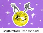 Contemporary artwork picture two young party people dancing on top of big discoball hang out chill advertisement concept isolated sketch fantasy purple background