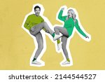 Full length photo collage in old fashion pin up pop art style two funny people man girl dancing crazy excitement nice painted neon sketch pullovers