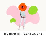 Modern sketch of shy lady with red bloom plant eye look isolated on pastel color background. Woman health care concept