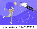 Small photo of Collage image of pinup pop retro sketch black white visual effect age guy catching man flying balloon isolated blue color background
