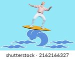 Small photo of Creative artwork 3d sketch of cool sportive old man catch huge ocean wave rest relax isolated on blue color background