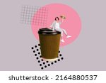Collage picture of excited person sitting large huge coffee paper cup hold summer sunhat
