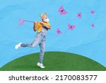 Unusual creative collage photo concept of mature man feel young catching butterflies isolated on field nature painting background