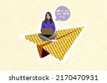Creative 3d photo artwork graphics collage of funny girl sitting paper page plane typing modern device isolated beige color background