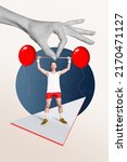 Small photo of Artwork magazine collage of funny funky guy rising feeling lightweight dumbbell palm help isolated blue grey background