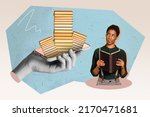 Small photo of Creative collage portrait of huge hand black white gamma hold telephone pile stack virtual book minded girl hesitate decide