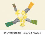 Composite collage image of four people arms fingers black white effect hold lightbulb puzzle pieces