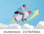 Collage picture of young businessman achieve his goals flying on rocket up in sky grow professionally isolated on painting background