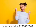 Small photo of Photo of ecstatic lady shout loud yeah fist up raise win lottery isolated bright shine color background
