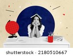 Small photo of Creative collage picture of unsatisfied girl black white colors book head hands touch cheeks isolated on painted background