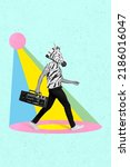 Small photo of Full length photo collage of crazy freak party man dj zebra mask walking hold retro boom box player discotheque colorful spotlight beams