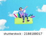 Small photo of Exclusive painting magazine sketch image of little kid riding big pen case flying skies isolated painting background