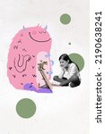 Small photo of Vertical collage image of little girl black white effect read book painted huge fairy animal dinosaur isolated on drawing background