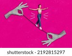 Small photo of Unusual photo collage of lovely courageous girl circus artist two big hands show okey symbols hold tightrope isolated painting background