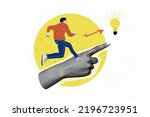 Small photo of Creative collage image of businessman worker employee running fast pursue genius idea light bulb hand point success way drawing background