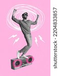 Small photo of Collage photo of young dancing attractive swag listen music celebrating night club party invitation postcard isolated on neon pink color background