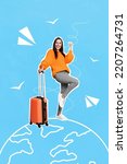 Small photo of Poster collage of excited lady win low cost tickets international travel resort isolated on blue planet picture background