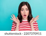 Small photo of Close up photo of terrified worried lady show palm read negative bad news wear striped stylish clothes isolated on cyan color background