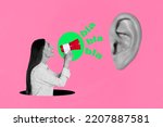 Small photo of Composite collage picture image of talkative woman holding loudspeaker influence listener big ear listen news propaganda podcast reportage