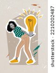 Small photo of Vertical creative collage image of positive optimistic clever girl student carry big electric light bulb have fun genius idea business plan