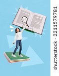 Small photo of Vertical creative collage image of funny adorable charming little pupil schoolgirl reading use loupe book homework interesting subject