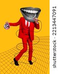 Small photo of Creative drawing collage picture of funny funky man singer entertainer singing mouth instead head dancing have fun hold disco party ball