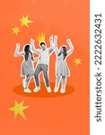 Small photo of Artwork magazine picture of crazy happy smiling ladies guy having fun together dancing discotheque isolated drawing background