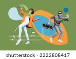 Small photo of Creative abstract template graphics image of happy smiling lady guy having fun together listening boom box isolated drawing background