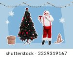 Creative photo 3d collage artwork poster postcard brochure of funny funky santa hold box shh stop talk isolated on painting background