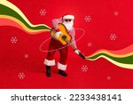 Creative photo collage illustration of santa claus playing guitar coca cola soda advert promo poster isolated on red color background