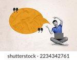 Small photo of Creative photo 3d collage artwork poster sketch of young positive man user showing empty space idea plan isolated on painting background
