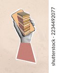 Small photo of Collage photo of knowledge concept of hand holding pile books ereader smartphone display useful convenient gadget isolated on beige background