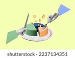 Creative collage image of two black white gamma hands hold knife fork cut eat money coin diagram cake plate isolated on drawing background