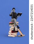 Small photo of Creative photo 3d collage artwork poster of smart clever person sitting stack books read fiction genre isolated on painting background