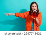Small photo of Photo of angry mad lady wear stylish clothes demand punishment for russian aggressor showing empty space isolated on cyan color background