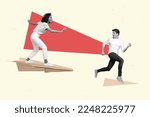 Small photo of Vertical collage picture of black white gamma girl flying big paper plane chase running away guy isolated on creative background