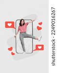 Small photo of Creative photo 3d collage artwork postcard poster of happy person blogger rejoice social media likes isolated on painting background