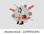 Small photo of Collage photo of young sad lady wear casual outfit sit platform touch cheeks minded arrows direct abused offensive isolated on grey color background