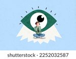 Small photo of Creative photo 3d collage artwork poster picture of funky carefree playful girl under huge human eye isolated on painting background
