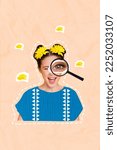 Small photo of Exclusive magazine picture sketch collage image of funny funky lady investigating loupe yellow flowers isolated painting background