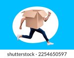 Creative photo 3d collage artwork poster picture of crazy man hurrying special offer buy cool product isolated on painting background